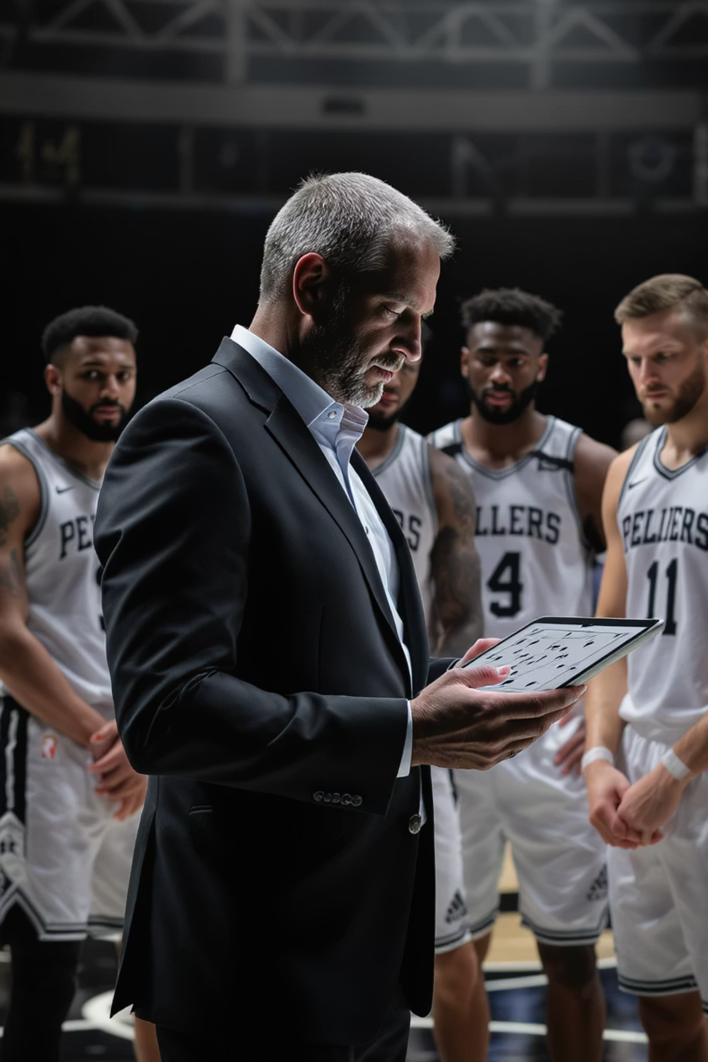 Coach reviewing a digital playbook with basketball players